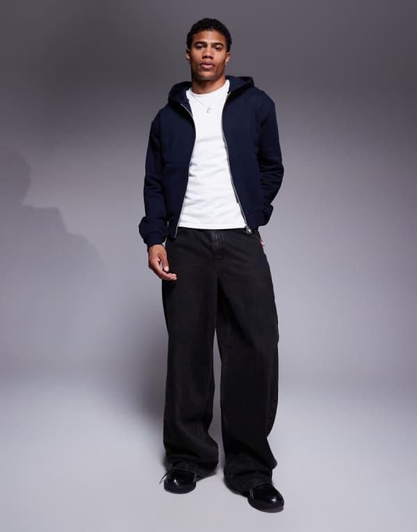エイソス ASOS asos ASOS DESIGN プレミアムヘビーウェイト ボックス型クロップド ジップスルー パーカー 400gsm ネイビー トップス メンズ 男性 インポートブランド 小さいサイズから大きいサイズまで