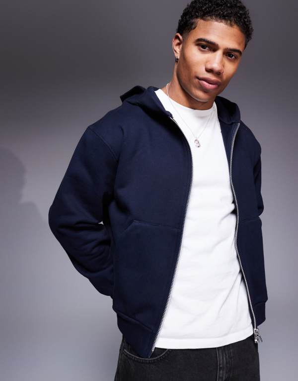 エイソス ASOS asos ASOS DESIGN プレミアムヘビーウェイト ボックス型クロップド ジップスルー パーカー 400gsm ネイビー トップス メンズ 男性 インポートブランド 小さいサイズから大きいサイズまで