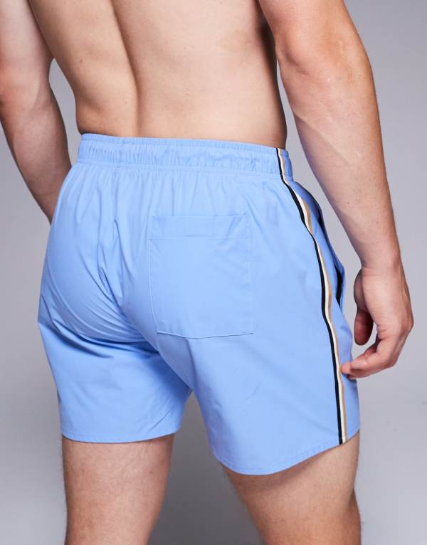 BOSS アイコニックなサイドストライプロゴ スイムショーツ ミッドブルー 水着 メンズ 男性 インポートブランド 小さいサイズから大きいサイズまで