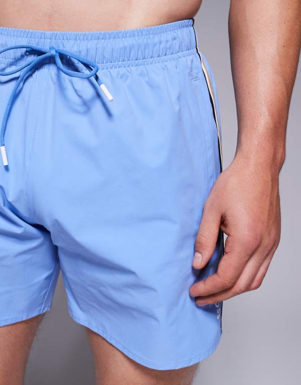 BOSS アイコニックなサイドストライプロゴ スイムショーツ ミッドブルー 水着 メンズ 男性 インポートブランド 小さいサイズから大きいサイズまで