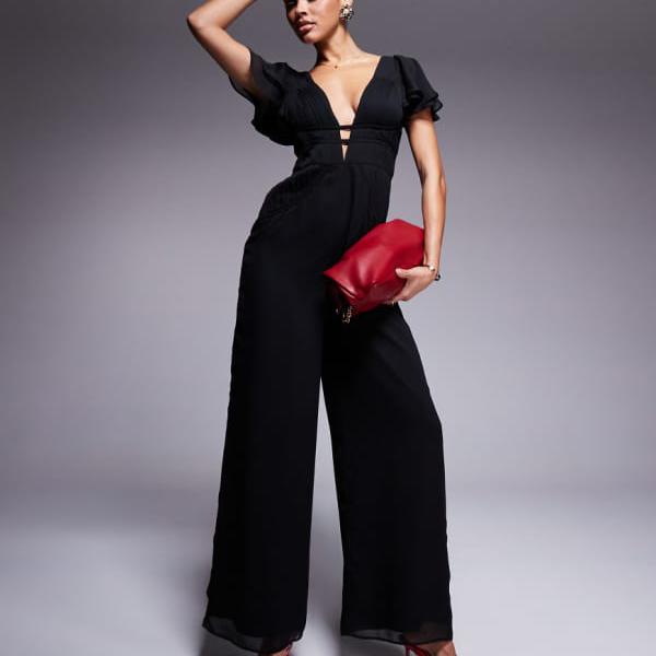 エイソス ASOS asos ASOS DESIGN フラッタースリーブ ルーシュ ワイドレッグ ジャンプスーツ ブラック オールインワン レディース 女性 インポートブランド 小さいサイズから大きいサイズまで