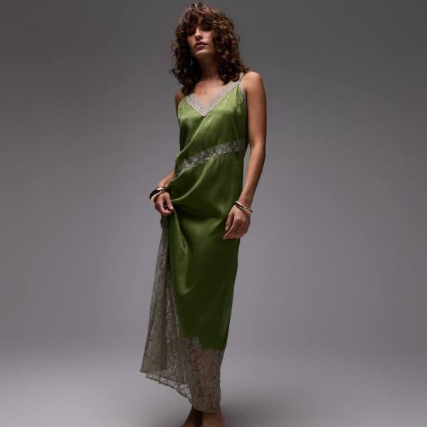 トップショップ Topshop TOPSHOP トップショップのカットワークレースインサートミディドレス(グリーン) ワンピース レディース 女性 インポートブランド 小さいサイズから大きいサイズまで