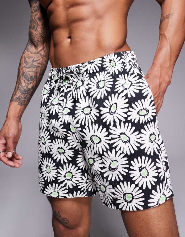 HUGO RED ダジーデイジープリント半袖ビーチシャツ＆スイムショーツセット（マルチカラー） 水着 メンズ 男性 インポートブランド 小さいサイズから大きいサイズまで