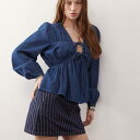 リクレイムドヴィンテージ Reclaimed Vintage ミッドブルーデニムのリサイクルヴィンテージロングスリーブルーシュタイフロントトップス トップス レ...