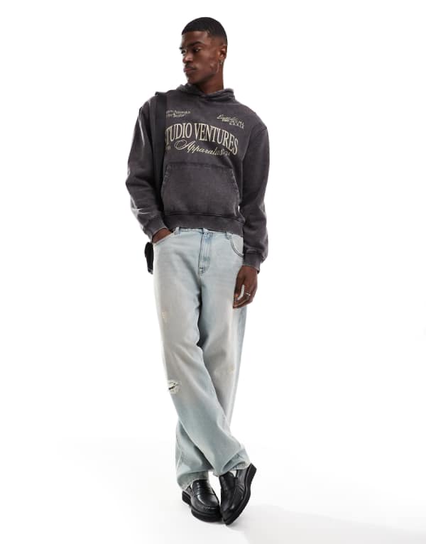 エイソス ASOS asos ASOS DESIGN オーバーサイズ アシッドウォッシュ パーカー フロントチェストプリント グレー トップス メンズ 男性 インポートブランド 小さいサイズから大きいサイズまで