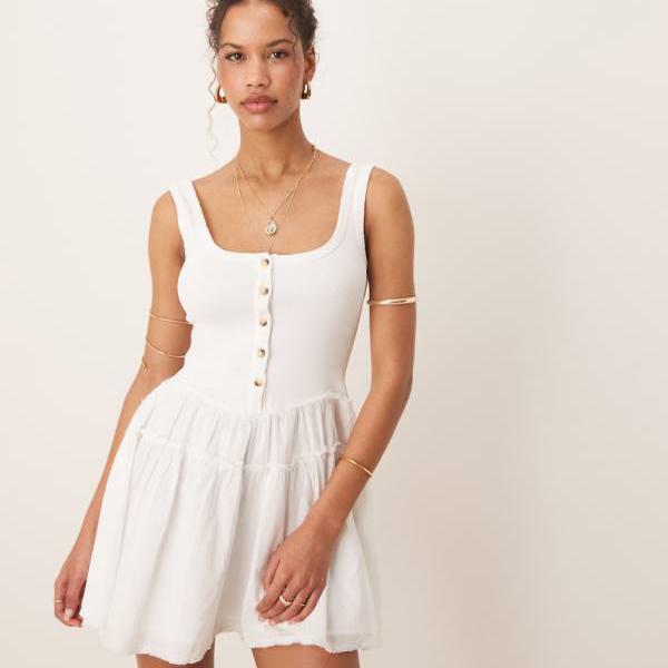 エイソス ASOS asos ASOS DESIGN スクープボタン リブ付きボディス ポプリンスカ