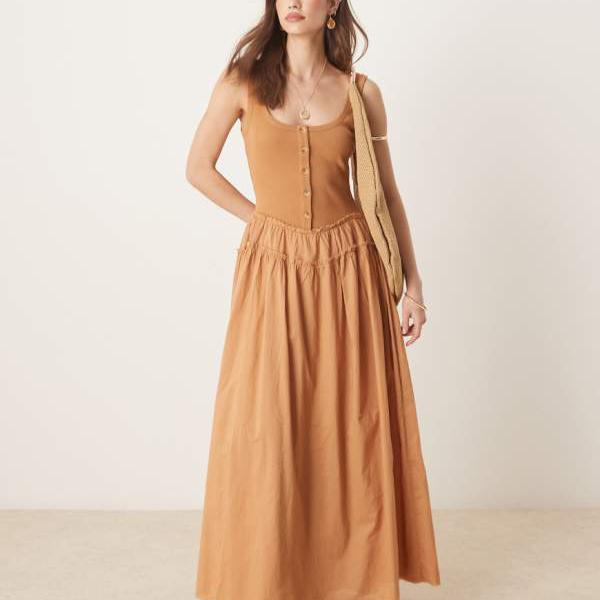 エイソス ASOS asos ASOS DESIGN スクープボタン リブ付きボディス ポプリンスカ