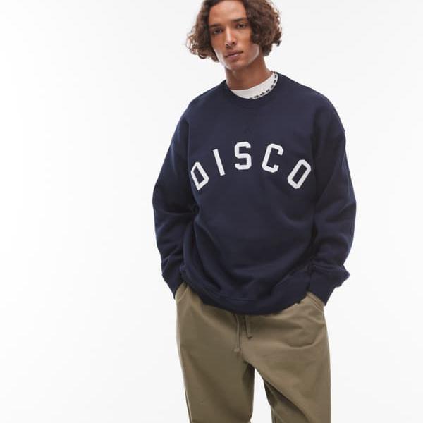 トップマン Topman TOPMAN ディスコ アップリケ刺繍入り、ネイビーのトップマン オーバーサイズ フィット スウェットシャツ トップス メンズ 男性 インポートブランド 小さいサイズから大きいサイズまで