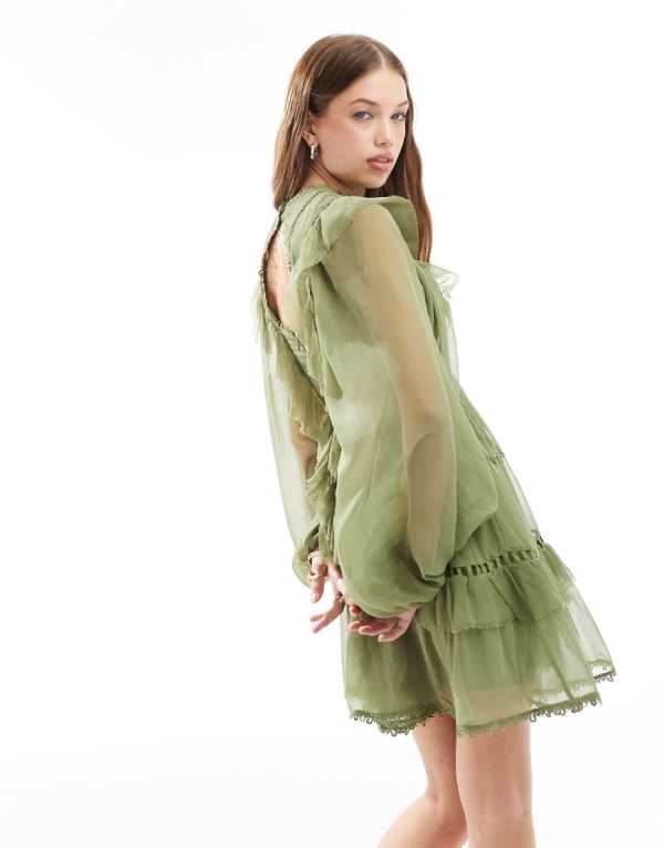 エイソス ASOS asos ASOS DESIGN レースインサート ハイネック フリル付きミニドレス（セージグリーン） ワンピース レディース 女性 インポートブランド 小さいサイズから大きいサイズまで