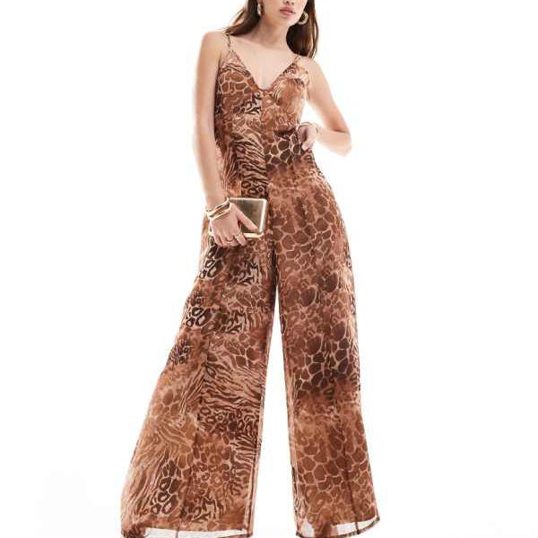 エイソス ASOS asos ASOS DESIGN Vネック シアーパネル シフォン ジャンプスーツ(ヒョウ柄) オールインワン レディース 女性 インポートブランド 小さいサイズから大きいサイズまで
