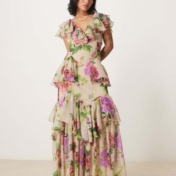 エイソス ASOS asos ASOS DESIGN プチ スクープネック フラッタースリーブ ラッフル ティアード ミディアムドレス ライラック フローラルプリント ワンピース レディース 女性 インポートブランド 小さいサイズから大きいサイズまで