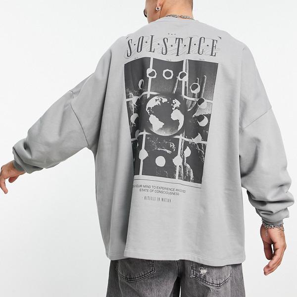 エイソス ASOS asos ASOS DESIGN グレーの超特大スウェットシャツ、写真のバックプリント付き トップス メンズ 男性 インポートブランド 小さいサイズから大きいサイズまで