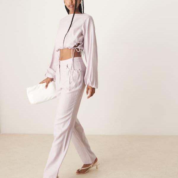 エイソス ASOS asos ASOS DESIGNのリネン風ストレートレッグパンツ（ライラックのパールディテール付き） ボトム レディース 女性 インポートブランド 小さいサイズから大きいサイズまで(4)