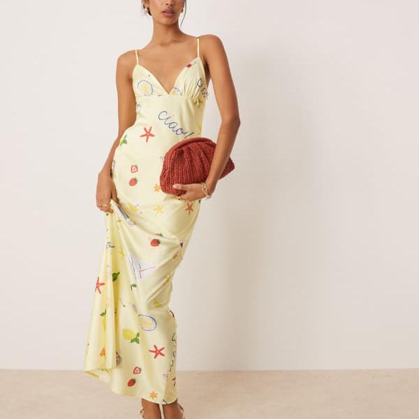 フォー・ラブ・アンド・レモンズ Huda スリップ マキシドレス（イエロー ポストカード プリント） ワン..