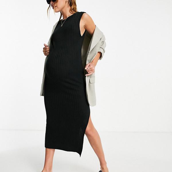 エイソス ASOS asos ASOS DESIGNマタニティニットマキシドレス、ワイドリブ、ローバックディテール、ブラック ワンピース レディース 女性 インポートブランド 小さいサイズから大きいサイズまで