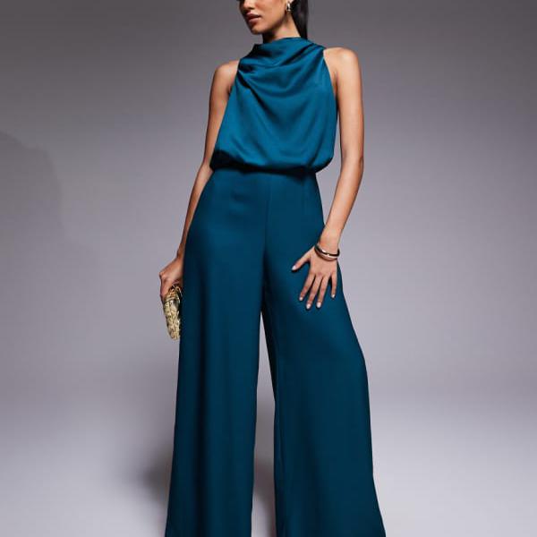 エイソス ASOS asos ASOS DESIGNのカウルネックジャンプスーツ（サテンボディス、ディープティール） ..