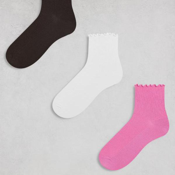モンキ Monki Monki フリルエッジのアンクルソックス 3足組（ホワイト、ピンク、ブラウン） 靴下 レディース 女性 インポートブランド 小さいサイズから大きいサイズまで