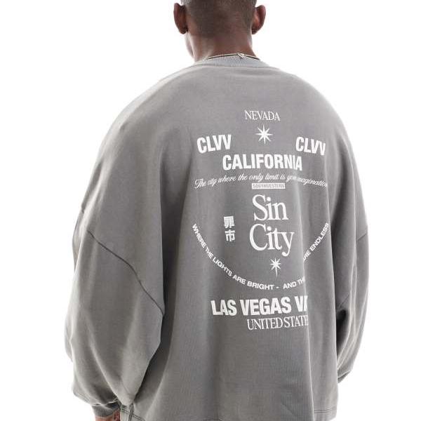 エイソス ASOS asos ASOS DESIGNのエクストリームオーバーサイズスウェットシャツ（裾は固定、背面はチャコールプリント） トップス メンズ 男性 インポートブランド 小さいサイズから大きいサイズまで