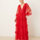 Lace & Beads レース&ビーズのボヘミアン風フリルマキシドレス(レッド) ワンピース レディース 女性 インポートブランド 小さいサイズから大きいサイズまで