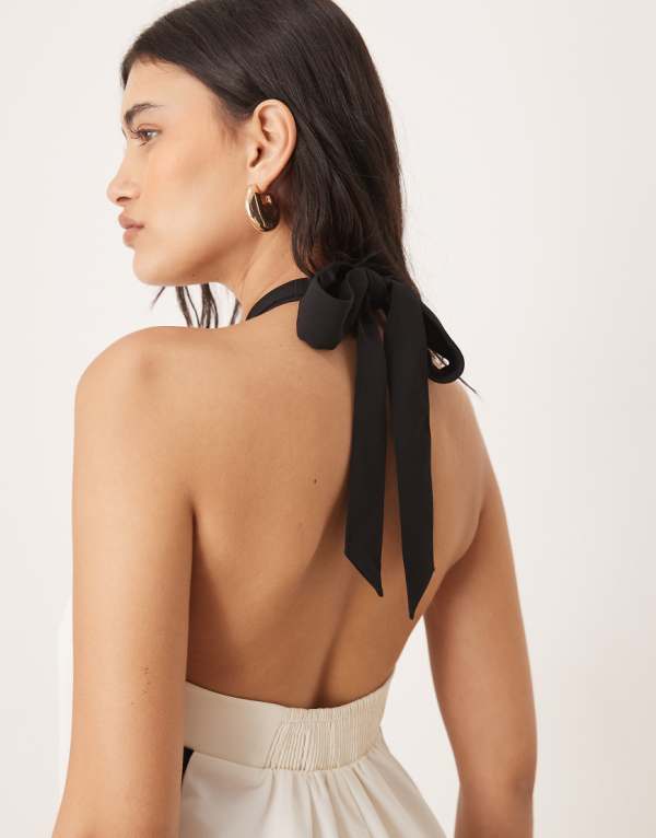 エイソス ASOS asos ASOS DESIGN クロスホルターコントラストスプリットレットジャンプスーツ（クリーム色） オールインワン レディース 女性 インポートブランド 小さいサイズから大きいサイズまで