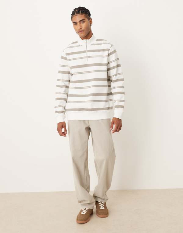 エイソス ASOS asos ASOS DESIGN クォータージップ スウェットシャツ（ストライプ柄、エクリュ） トップス メンズ 男性 インポートブランド 小さいサイズから大きいサイズまで