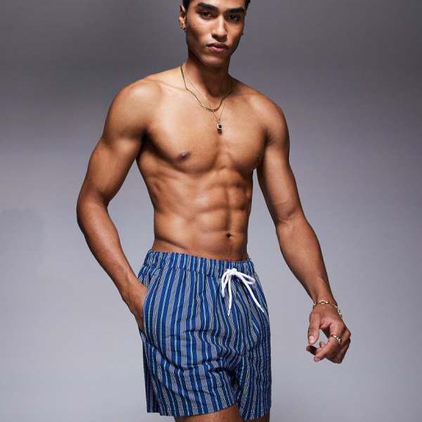 エイソス ASOS asos ASOS DESIGNのブルーストライプ入りショート丈スイムショーツ 水着 メンズ 男性 イ..