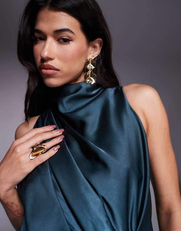 セレクトショップ　Diva　Closetのエイソス ASOS asos ASOS DESIGN ハイネック ドレープ サテン プレイスーツ（ティール） オールインワン レディース 女性 インポートブランド 小さいサイズから大きいサイズまで｜アングル3