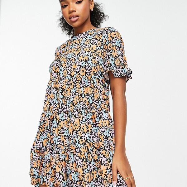 エイソス ASOS asos ASOS DESIGN バブルクレープ ショートスリーブ ティアード スモック プレイスーツ 花柄 オールインワン レディース 女性 インポートブランド 小さいサイズから大きいサイズまでのサムネイル