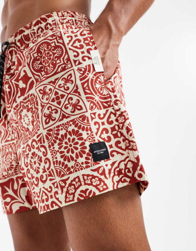 ジャックアンドジョーンズ Jack & Jones タイルプリントのテラコッタカラーのジャック&ジョーンズ スイムショーツ 水着 メンズ 男性 インポートブランド 小さいサイズから大きいサイズまで