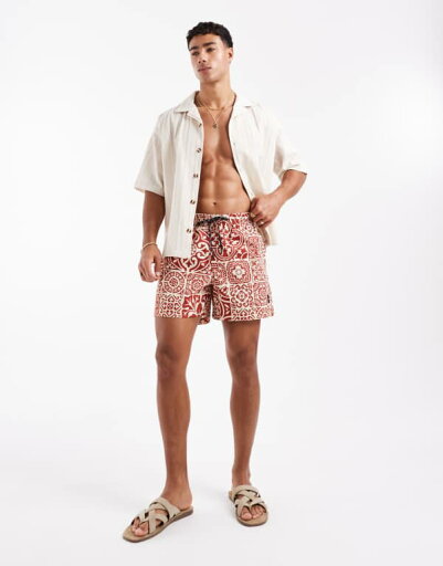 ジャックアンドジョーンズ Jack & Jones タイルプリントのテラコッタカラーのジャック&ジョーンズ スイムショーツ 水着 メンズ 男性 インポートブランド 小さいサイズから大きいサイズまで