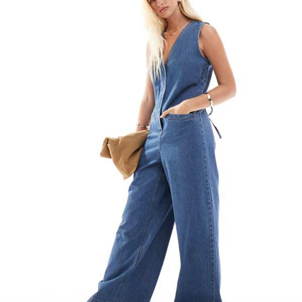 エイソス ASOS asos ASOS DESIGN デニム ノースリーブ ルーズ ジャンプスーツ(ミッドウォッシュブルー) オールインワン レディース 女性 インポートブランド 小さいサイズから大きいサイズまで