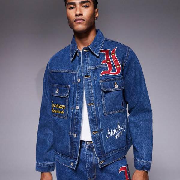 ICECREAM マスコット デニム コーデュロイ トラッカージャケット（ミッドウォッシュブルー、マルチバッ..