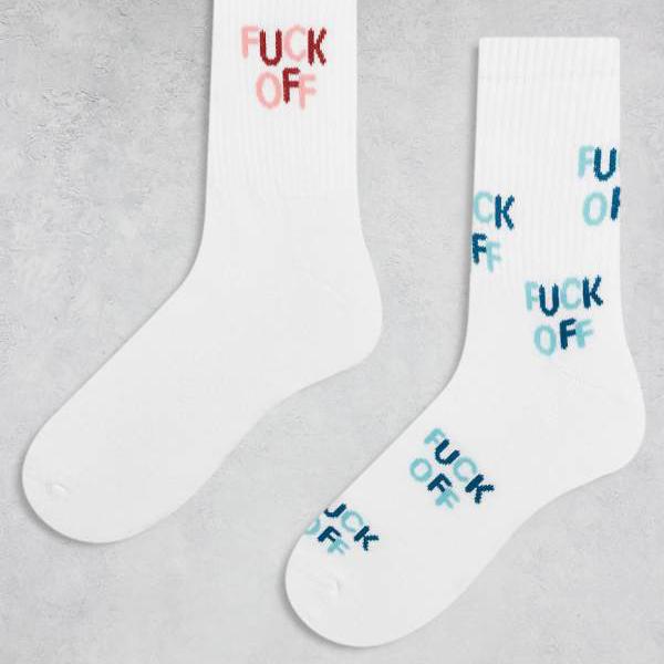 エイソス ASOS asos ASOS DESIGN 2足組ソックス(ホワイト、罵倒語グラフィック入り) 靴下 ボトム メンズ 男性 インポートブランド