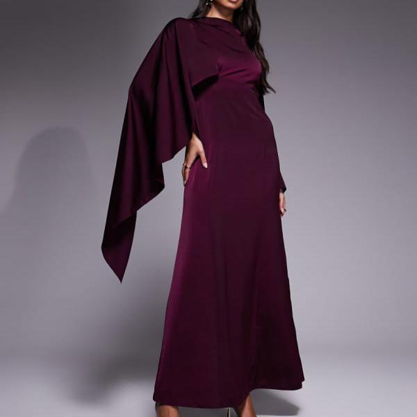 エイソス ASOS asos ASOS DESIGN アシンメトリーケープディテール ロングスリーブマキシドレス（プラム..