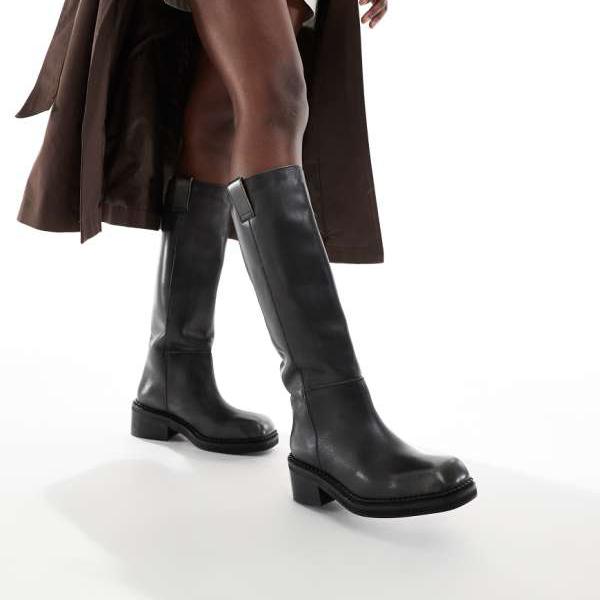 Schuh シュー ドリア スクエアトゥ チャンキー ライディングブーツ（レザー、ブラック） 靴 レディース..