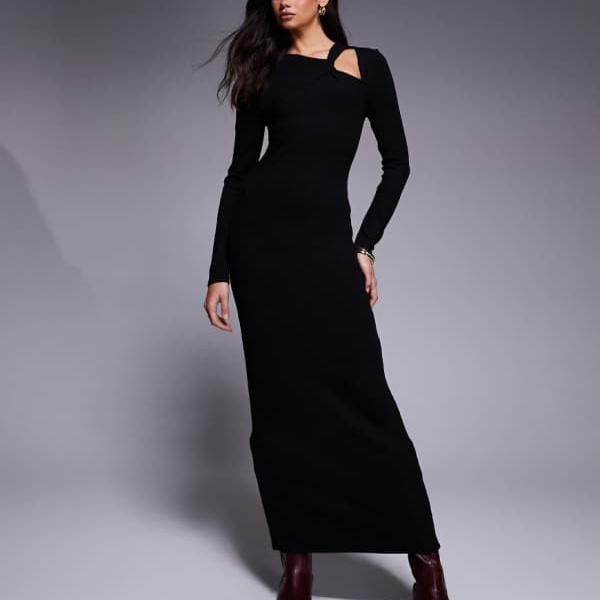 エイソス ASOS asos ASOS DESIGN リブ編みのアシンメトリーネック、ノットディテールのマキシドレス（ブラック） ワンピース レディー..