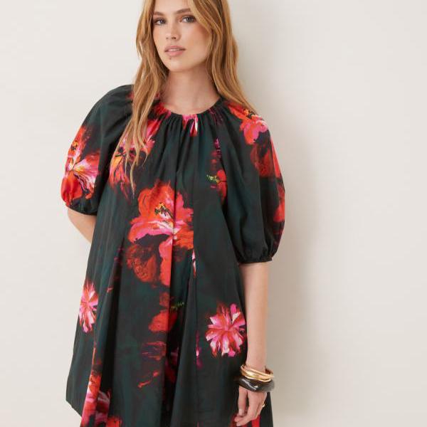 エイソス ASOS asos ASOS DESIGNのパフスリーブコットンポプリンミニドレス(レッドフローラルプリント) ワンピース レディース 女性 インポートブランド 小さいサイズから大きいサイズまで