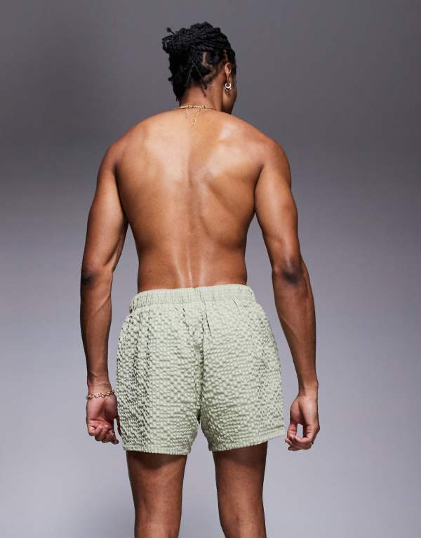 エイソス ASOS asos ASOS DESIGN シアサッカー スイムショーツ ショート丈 グリーン 水着 メンズ 男性 インポートブランド 小さいサイズから大きいサイズまで