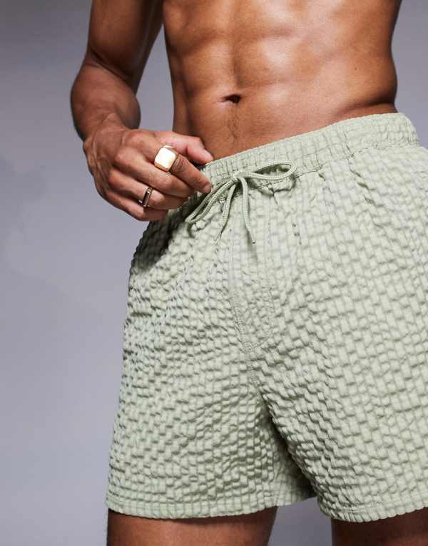 エイソス ASOS asos ASOS DESIGN シアサッカー スイムショーツ ショート丈 グリーン 水着 メンズ 男性 インポートブランド 小さいサイズから大きいサイズまで