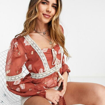 エイソス ASOS asos ASOSDESIGN花柄プリントのレースインサート付き長袖スモックトップ トップス レディース 女性 インポートブランド 小さいサイズから大きいサイズまで