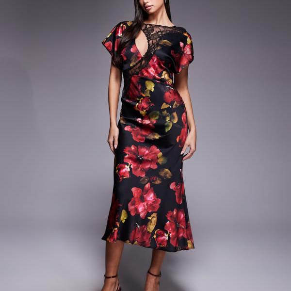 樂天商城 - エイソス ASOS asos ASOS DESIGN 袖にレースアップリケを施した、バーガンディフローラルのバイアスカットサテンマキシドレス ワンピース レディース 女性 インポートブランド 小さいサイズから大きいサイズまで