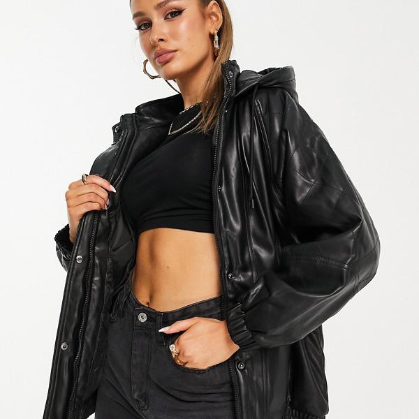 エイソス ASOS asos ASOS DESIGNキルティングフェイクレザーボンバージャケット（ブラック） アウター レディース 女性 インポートブランド 小さいサイズから大きいサイズまで