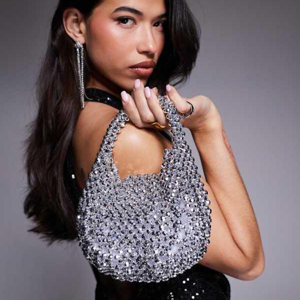 エイソス ASOS asos ASOS DESIGN メタリックビーズ フラップオーバー クラッチバッグ（シルバー） 鞄 レディース 女性 インポートブランド