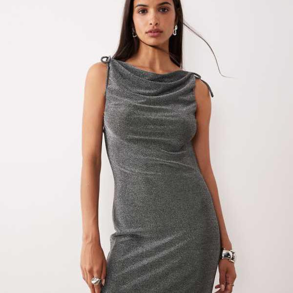 AWARE グリッタージャージー カウルネック キャミ ミディドレス（ブラック＆シルバー） ワンピース レ..