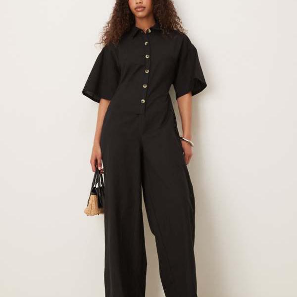 エイソス ASOS asos ASOS DESIGN ボタンダウンカラー ワイドレッグジャンプスーツ(ブラック) オールインワン レディース 女性 インポートブランド 小さいサイズから大きいサイズまで