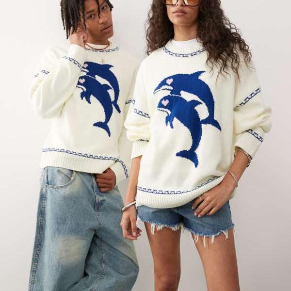 コリュージョン COLLUSION collusion COLLUSION ユニセックス イルカプリント ニット ボックスジャンパー トップス レディース 女性 インポートブランド 小さいサイズから大きいサイズまでのサムネイル