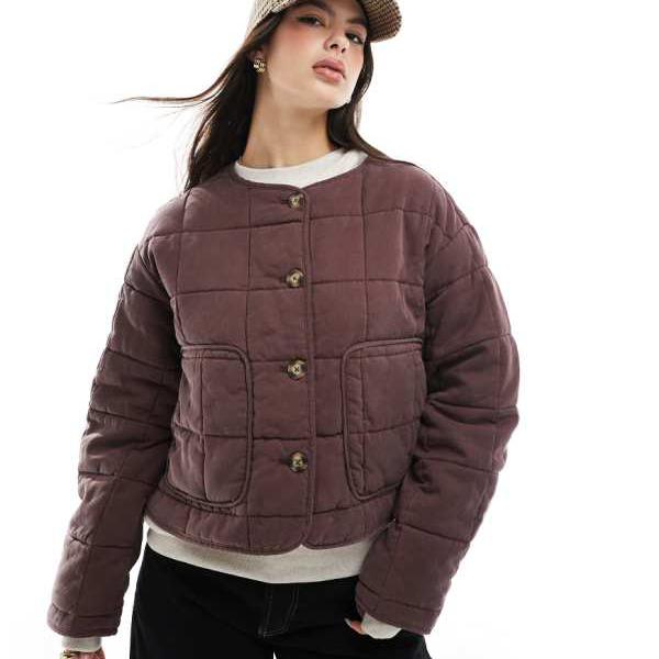 エイソス ASOS asos ASOS DESIGN クロップ丈 ノーカラー キルティングジャケット（チョコレート） アウター レディース 女性 インポー..