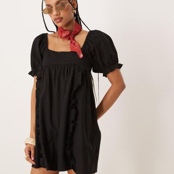 エイソス ASOS asos ASOS DESIGN リネン ベビードール パフスリーブ プレイスーツ（バックリボンディテール付き、ブラック） オールインワン レディース 女性 インポートブランド 小さいサイズから大きいサイズまで