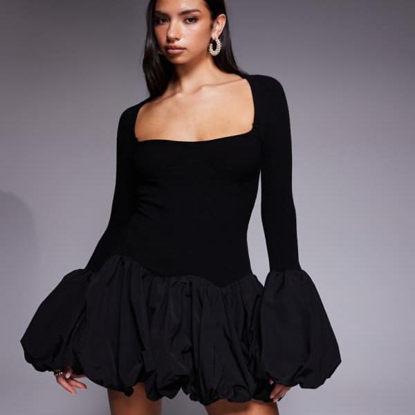 ASOS LUXE ニットミニドレス（バブルヘム＆カフス、ブラック） ワンピース レディース 女性 インポート..