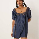 エイソス ASOS asos ASOS DESIGN ブロデリースクエアネックボタンダウンパフスリーブプレイスーツ(ウォッシュドデニムブルー) オールインワン レディース 女性 インポートブランド 小さいサイズから大きいサイズまで(4)